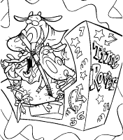A coloring page of cow and chicken